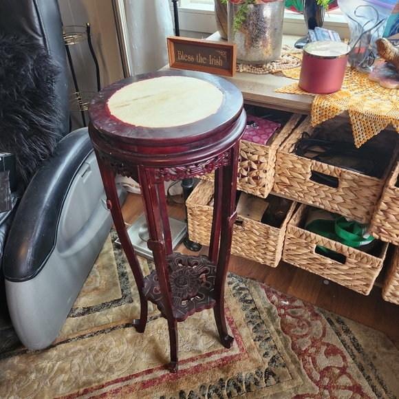 Vintage Rosewood Carved Marble Top 33" Plant Stand Planter Dark Wood Cherry 50s - Picture 2 of 12